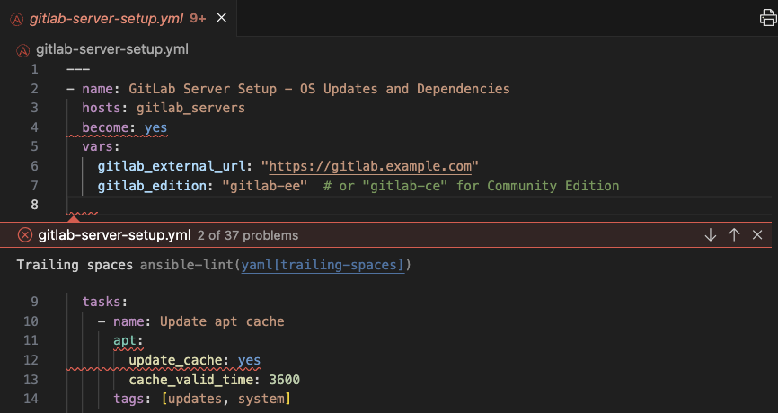 VS Code with Ansible lint error: Wrong boolean type