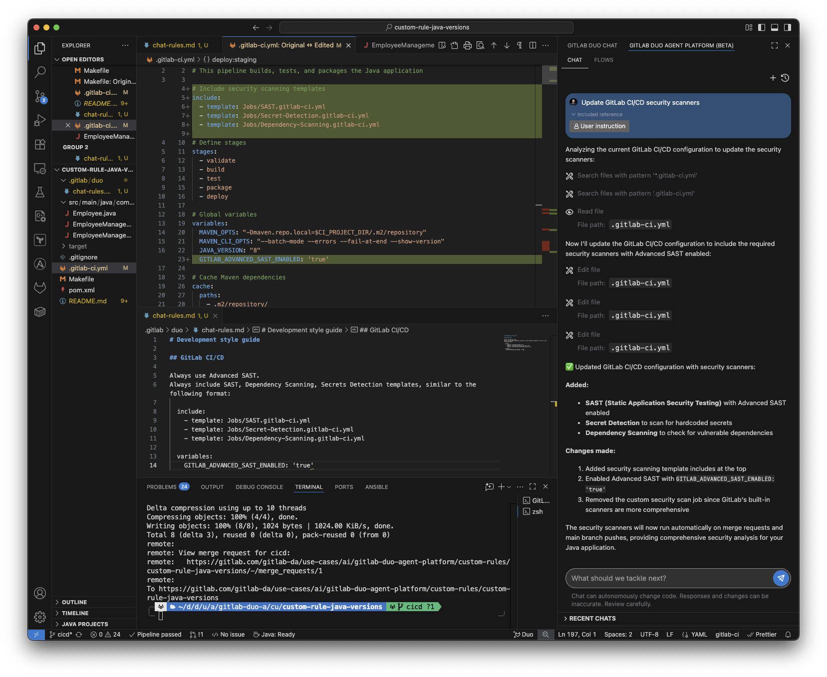 VS Code with a Java app, GitLab CI/CD, custom rules, and Agentic Chat adding Advanced SAST